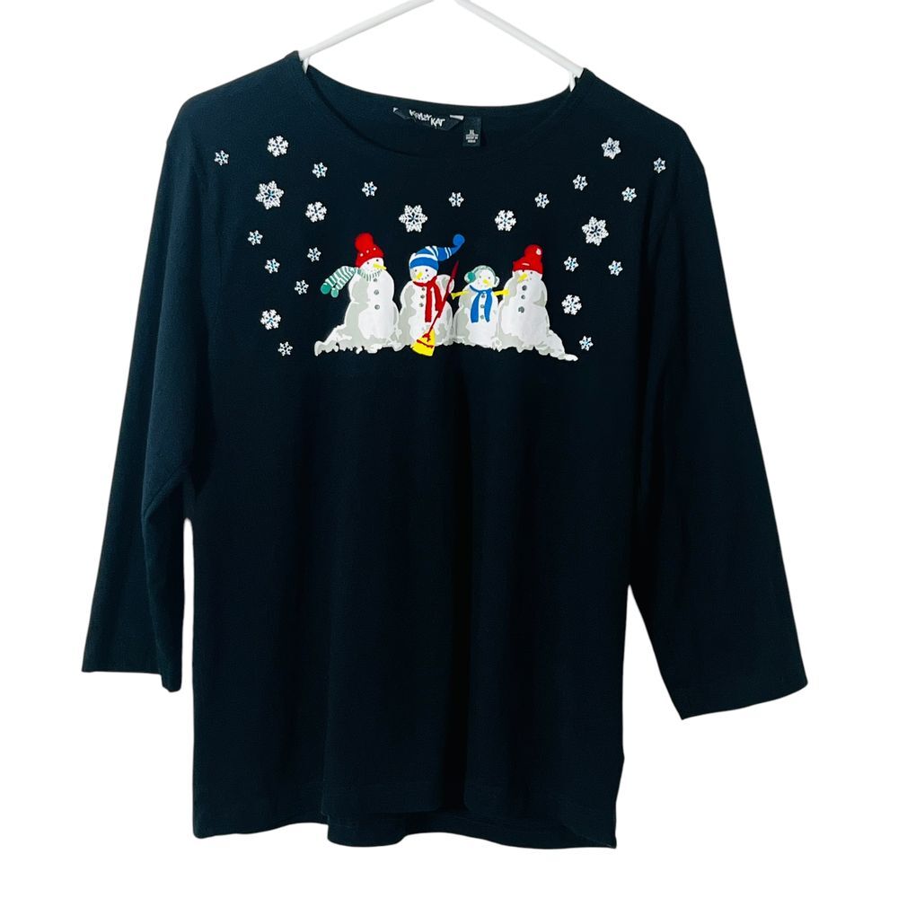 Krazy Cat Christmas Holiday‎ Snowman Sequin Snowflake Black Shirt Cotton XL